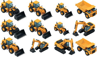 Isometric construction machinery set with wheel loaders, excavators and dump trucks representing heavy equipment vehicles for building, mining, earthmoving and industrial engineering projects © MdMojibar