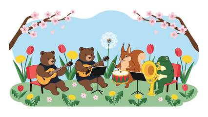 Naklejka premium Group of forest animals including bears and a frog play a concert together in a spring meadow full of dandelions and tulips.