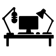 Fototapeta premium A sleek home studio setup featuring a computer, microphone, and desk lamp for recording or streaming.