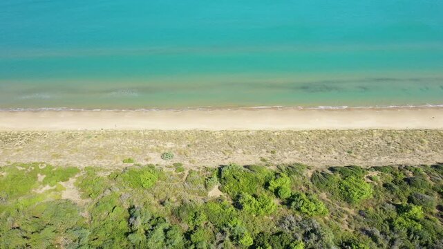 Drone shot of a pristine sandy beach and turquoise sea bordered by lush vegetation in Isola Varano Nature Reserve, Italy.