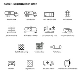 Hazmat &times; Transport Equipment Icon Set. / 危険物 &times; 輸送機器のシンプルなベクターアイコンセット。