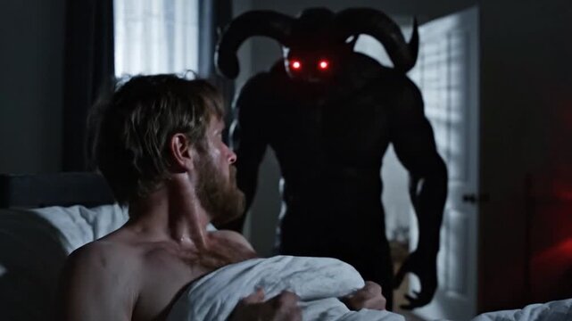 Terrified man lying in bed staring at a dark demon figure in his bedroom doorway at night