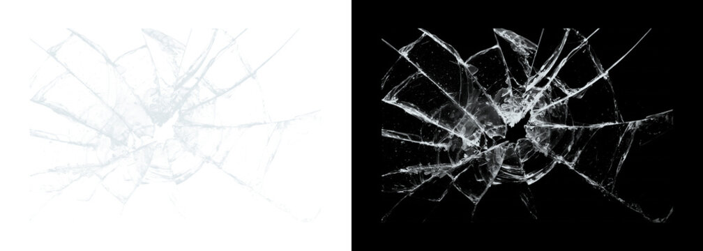 Cracked glass on white and black backgrounds broken window or screen damage