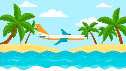 Fototapeta premium Airplane Flying Over Tropical Beach – Palm Trees, Waves, and Sunny Day Vector Illustration