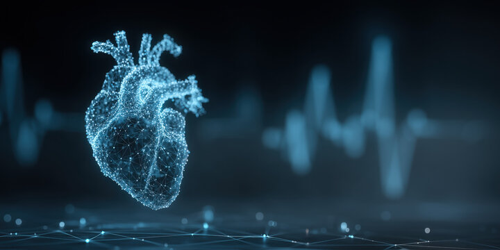 Abstract futuristic digital heart anatomy with glowing blue technology data and heartbeat line pulse rhythm concept on dark background