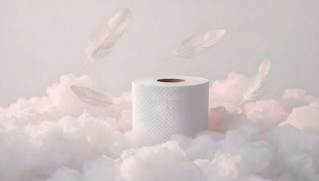 Toilet paper roll on soft white clouds with feathers. Gentle hygiene.
