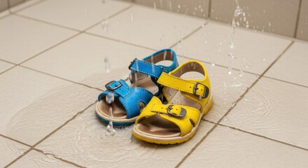 Fototapeta premium Colorful sandals on a tiled surface.