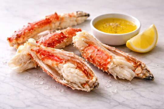 Chilled steamed king crab legs partially cracked to reveal succulent white meat served with clarified butter and lemon on marble.