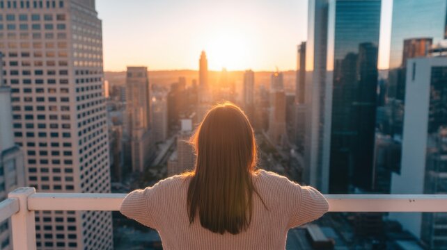 Cityscape Contemplation: A woman stands on a rooftop, absorbing the majesty of the cityscape under a warm, radiant sunrise.