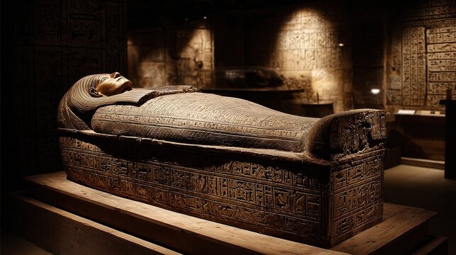 sarcophagus. An ornate Egyptian sarcophagus containing a linen-wrapped mummy. event programs, museum guides, designed for cultural heritage projects and event programs, elevates cultural identity.