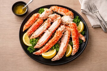Close-up of steamed Alaskan king crab legs split open on a black platter with lemon wedges and parsley.