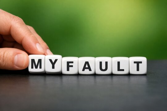 Admitting Responsibility: A hand carefully aligns word dice spelling out MY FAULT, against a blurred green backdrop, highlighting the concept of personal accountability.