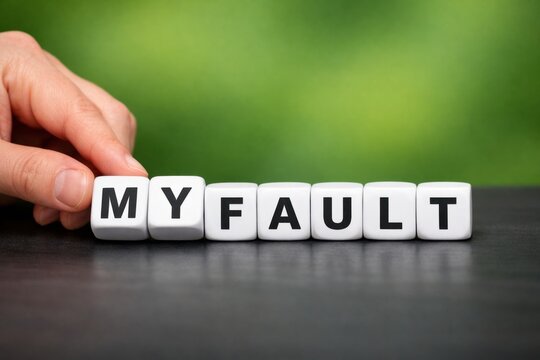 Taking Responsibility: A hand delicately arranges letter blocks to spell out My Fault, illustrating accountability and acknowledgment.