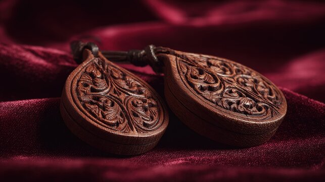 castanets. A pair of intricately carved wooden castanets resting on a rich red velvet fabric in close view. event programs, museum guides, designed for cultural heritage projects and event programs.