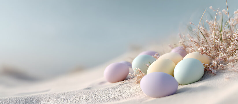 Pastel painted easter eggs half buried in soft white beach sand