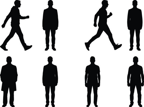 A dynamic set of eight human silhouettes, featuring men and women in various active poses such as walking, running, and standing, depicted as solid black figures against a pristine white background.