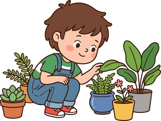 Cute boy observing plant with magnifying glass flat vector illustration