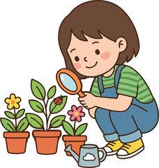 Cute boy observing plant with magnifying glass flat vector illustration
