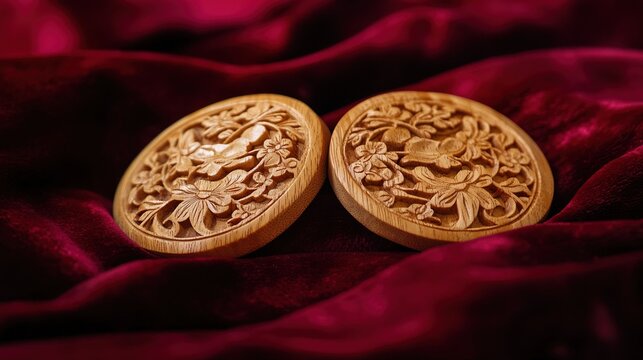 castanets. A pair of intricately carved wooden castanets resting on a rich red velvet fabric in close view. event programs, museum guides, designed for cultural heritage projects and event programs.