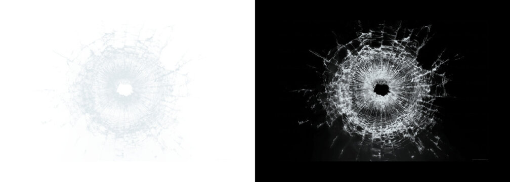 Shattered glass bullet hole effects on black and white backgrounds