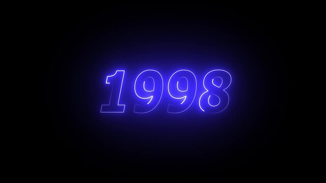 1998 neon line text. Abstract 1998 neon text animation ,For neon color Glowing neon number text background 4k video animation . 1998 title metal text on glowing text animation black background