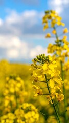 A sunny field of vibrant yellow flowers against a blue sky