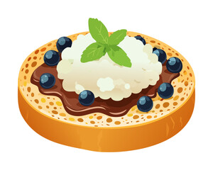 Round toast topped with blueberry jam fresh cream and mint leaf for healthy morning breakfast snack - Vector Illustration © powdesign