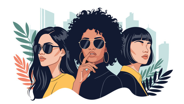 Three fashionable women with sunglasses and distinct hairstyles posing in front of a modern city skyline and tropical leaves.
