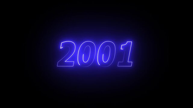 2001 neon line text. Abstract 2001 neon text animation ,For neon color Glowing neon number text background 4k video animation . 2001 title metal text on glowing text animation black background
