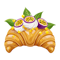 Gourmet croissant with white whipped cream and passion fruit slices for elegant morning breakfast and dessert shop display - Vector Illustration
