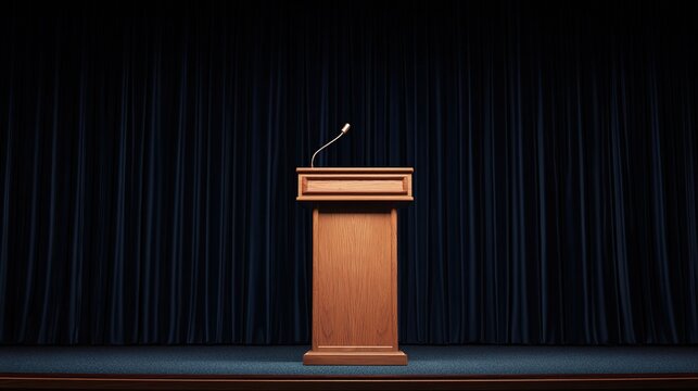 lectern. A wooden lectern with a microphone against a dark velvet curtain. event programs, museum guides, designed for cultural heritage projects and event programs, elevates cultural identity.