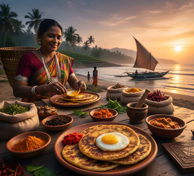 Traditional Sri Lankan Breakfast with Egg Hoppers and Sambol on Beachfront