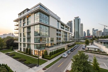 Modern apartment building stands tall against skyline