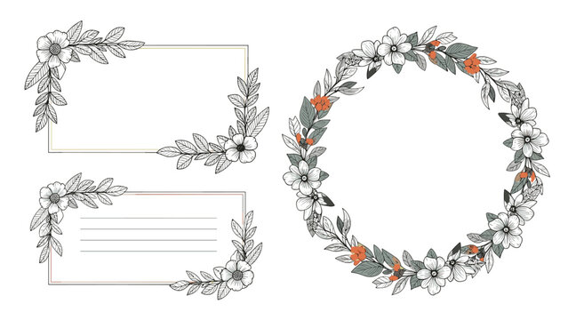 Set of decorative floral frames including a circular wreath and two corner borders with flowers, leaves, and red berries.