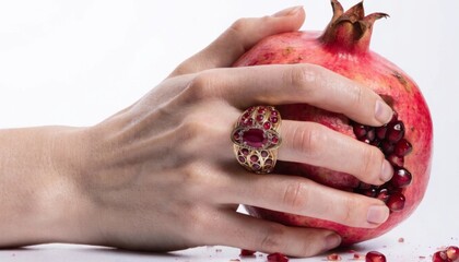 Luxury Ruby Ring Held Against a Cracked Pomegranate &mdash; Symbolic Jewelry Styling, Natural Opulence & Feminine Power