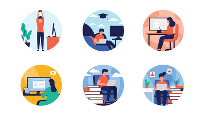 Fototapeta premium Diverse set of circular icons showing people working from home, studying online with laptops, and doing morning exercises for wellness.