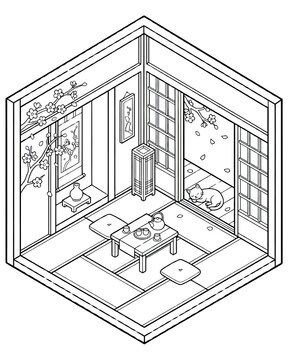authentic human lifestyle concept Isometric Japanese Room Coloring Page: Serene Tea Ceremony Scene with Sleeping Cat, Tatami, Shoji, and Sakura Blossoms. modern commercial stock usage