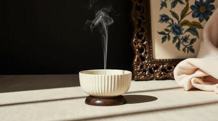 Vintage-Inspired Still Life: Ceramic Bowl with Rising Smoke Before Ornate Frame &mdash; Mindful Ritual, Slow Living & Decorative Harmony