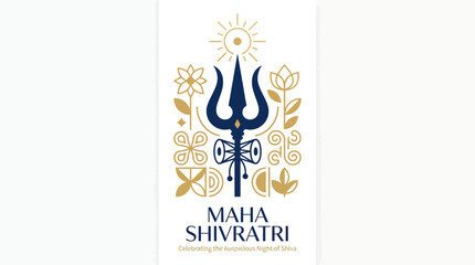 Fototapeta premium Maha Shivratri festival poster featuring a blue trishula with sun motif and ornate gold floral border.
