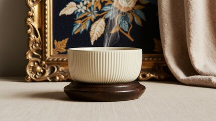 Vintage-Inspired Still Life: Ceramic Bowl with Rising Smoke Before Ornate Frame &mdash; Mindful Ritual, Slow Living & Decorative Harmony