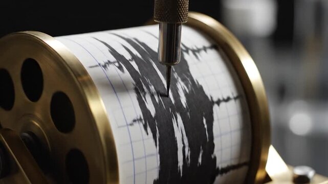 A stylus draws a fluctuating line on a grid paper drum, recording data.