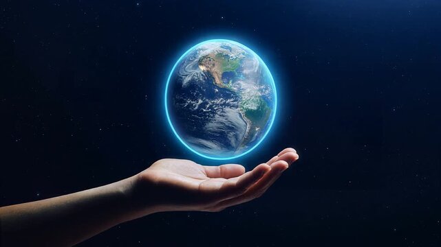 Glowing Earth rotating on outstretched hand in space, seamless loop, symbolizing global unity and environmental protection