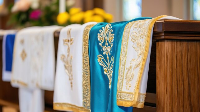 liturgical. Carefully folded embroidered liturgical vestments on a church altar with intricate gold thread details. event programs.