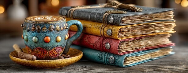 Cozy fantasy academia concept with a latte in an ornate mug beside a stack of old leather-bound magical grimoires or journals in a warm, rustic library.