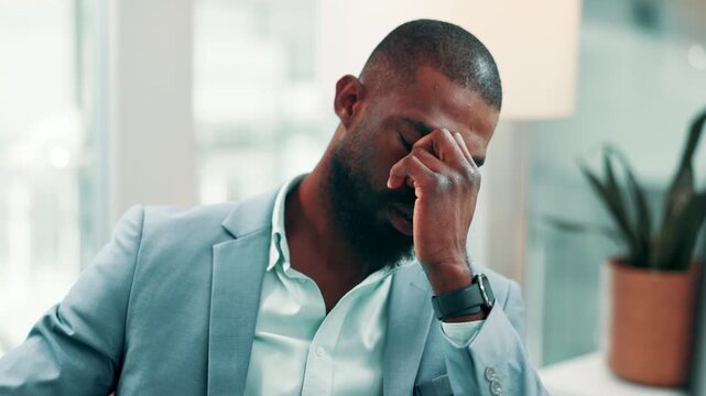Stress, investor and black man in office, computer for investment fail and stock market crash. African person, financial loss and trader in workplace, bankruptcy and frustrated with mistake for audit