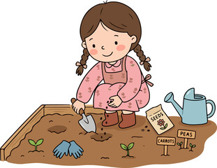 Cute boy planting seeds gardening activity flat vector illustration