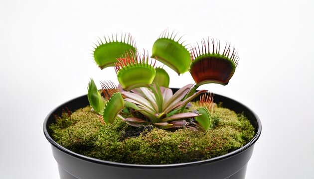 Venus Flytrap Plant In Black Pot Surrounded By Moss On White Background