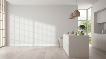 Fototapeta premium elegant contemporary white room kitchen room interior ,Color of the Year 2026 – Cloud Dancer ,copy space .3D render