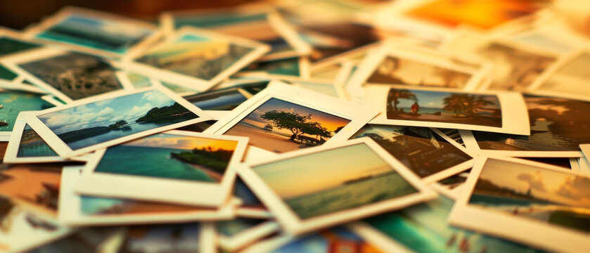 Collection of retro-style photographs showcasing exotic beach vacations and landscapes.