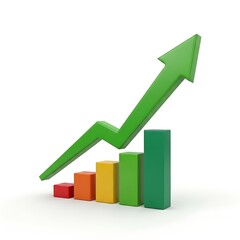 A green arrow rises above colorful bars in a 3D business graph illustration